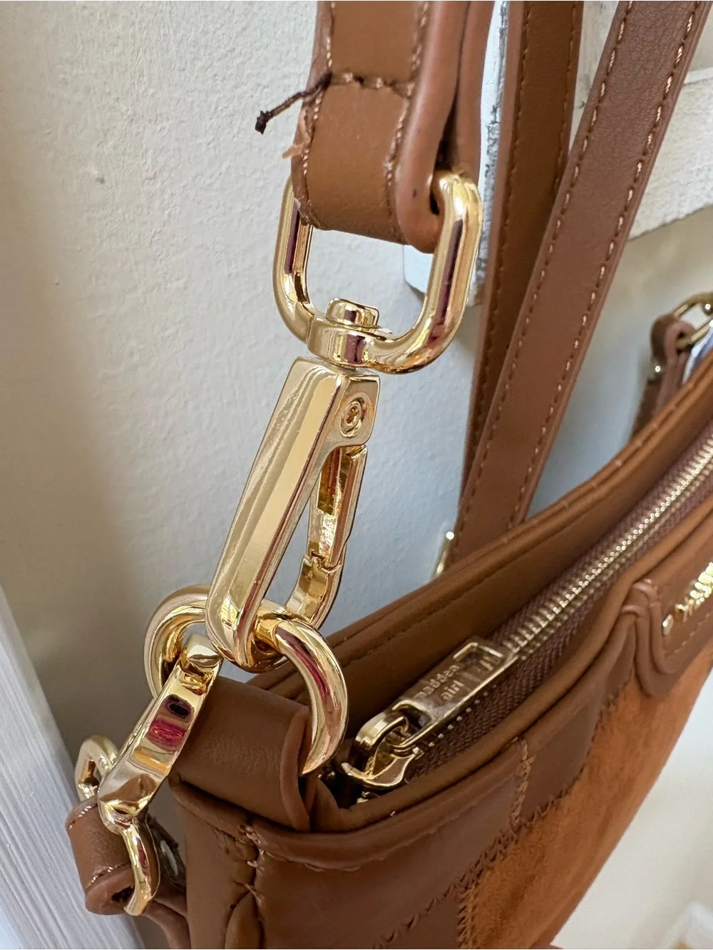 Madden Girl Cognac Patchwork Shoulder Bag with Gold Charm